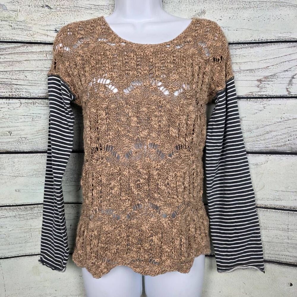 BKE S Tan Knit Sweater with Striped Long Sleeves